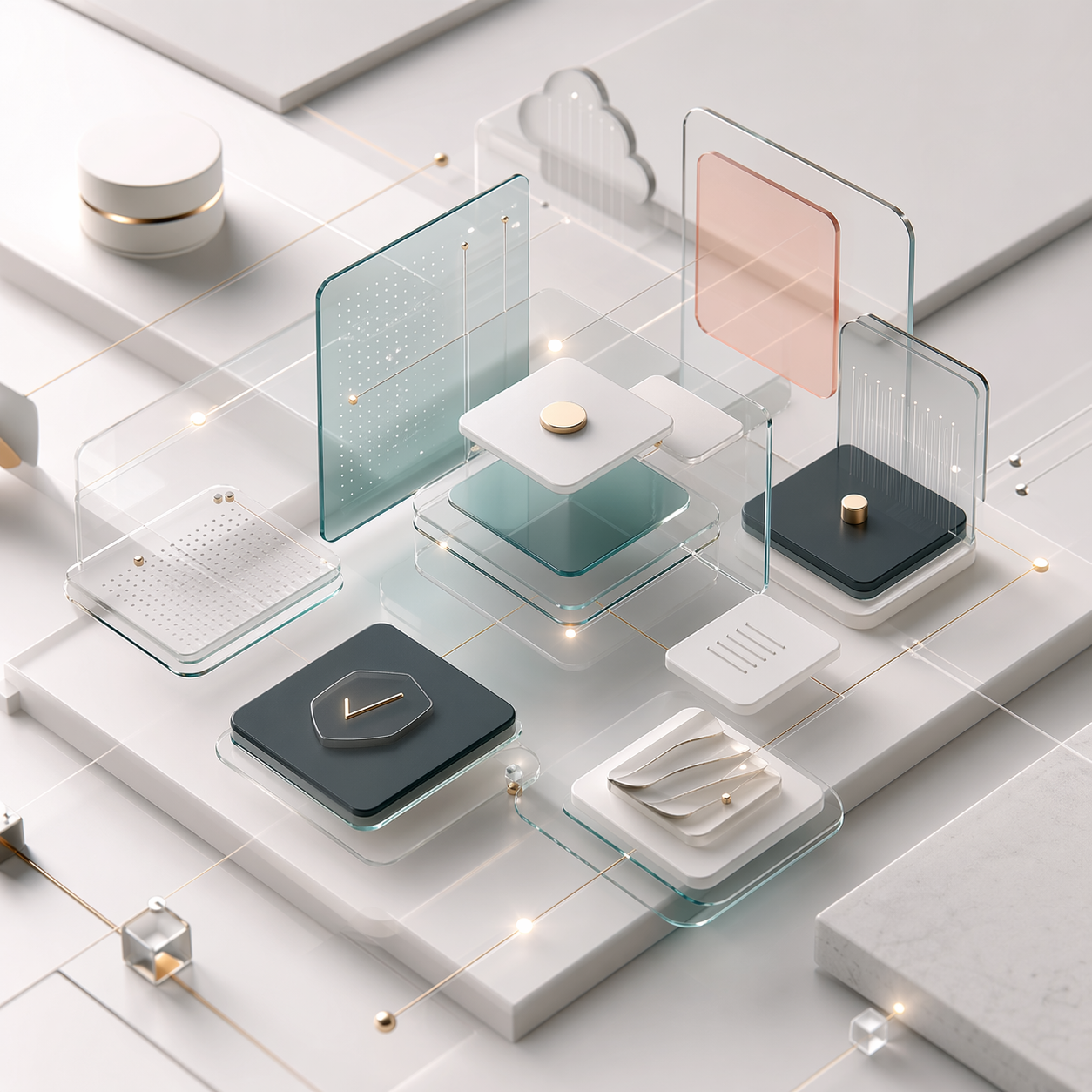 Abstrakcyjna kompozycja szklanych paneli i uporządkowanych węzłów informacji