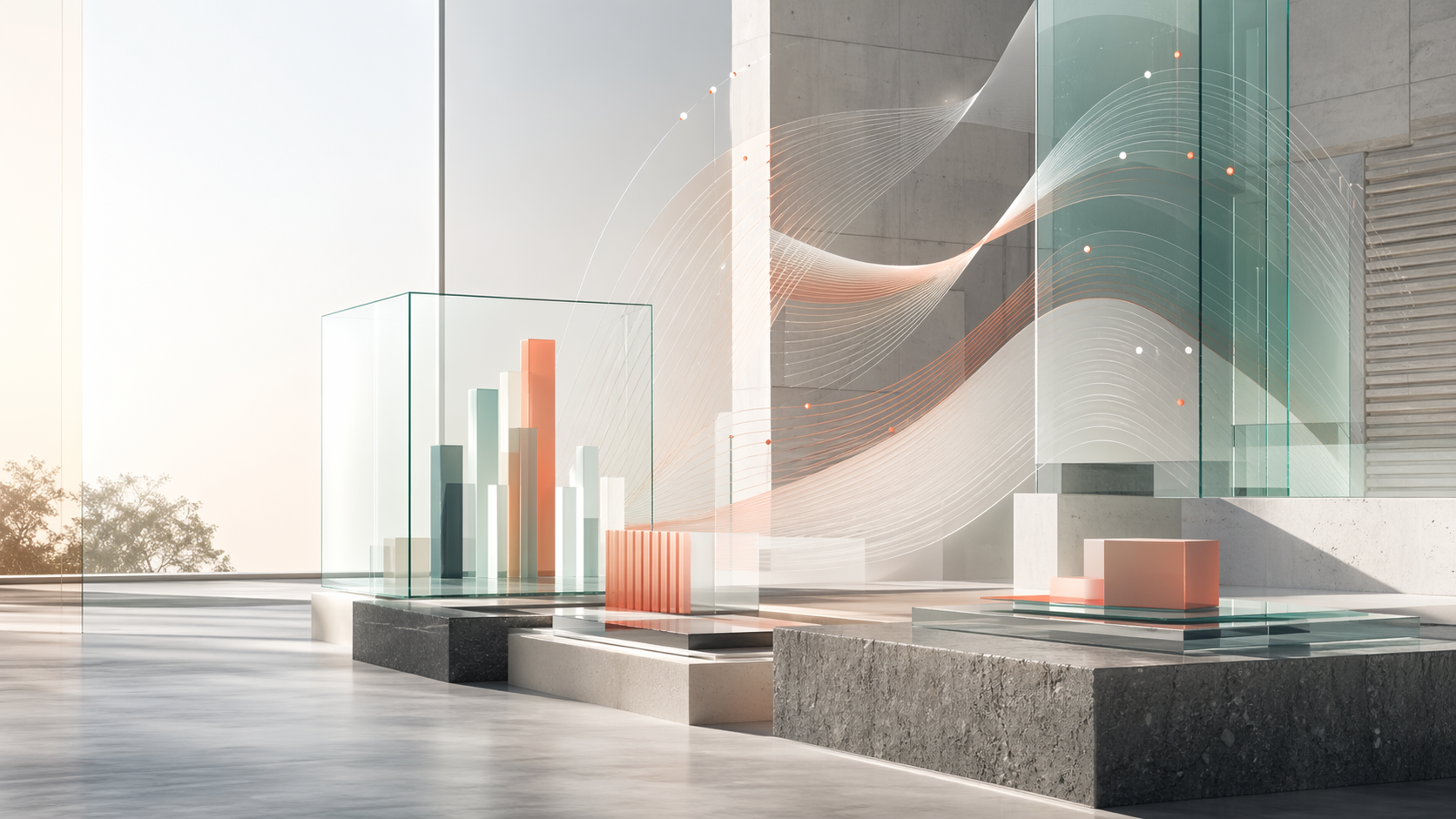 Abstrakcyjna przestrzeń operacyjna z warstwami szkła i spokojnymi wizualizacjami danych